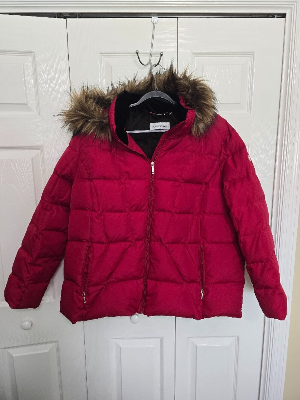 Calvin Klein Red Puffer Jacket with Faux Fir Trimmed Hood - Size 3X